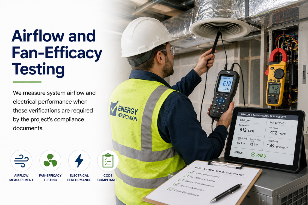 Technician measuring HVAC airflow and fan electrical performance