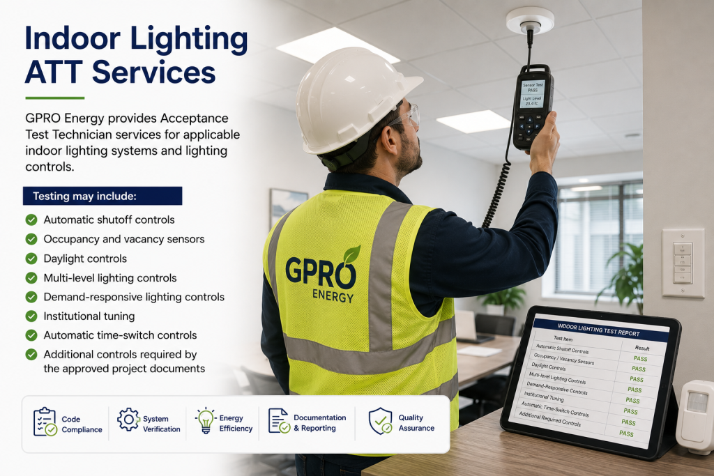 Acceptance Test Technician testing indoor lighting controls and sensors